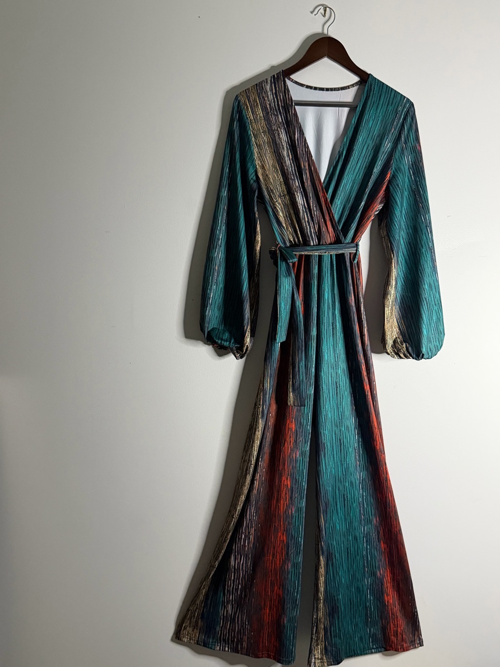 Multicolor Wide Leg V-Neck Jumpsuit With A Tie Belt and Balloon Sleeves - Unique